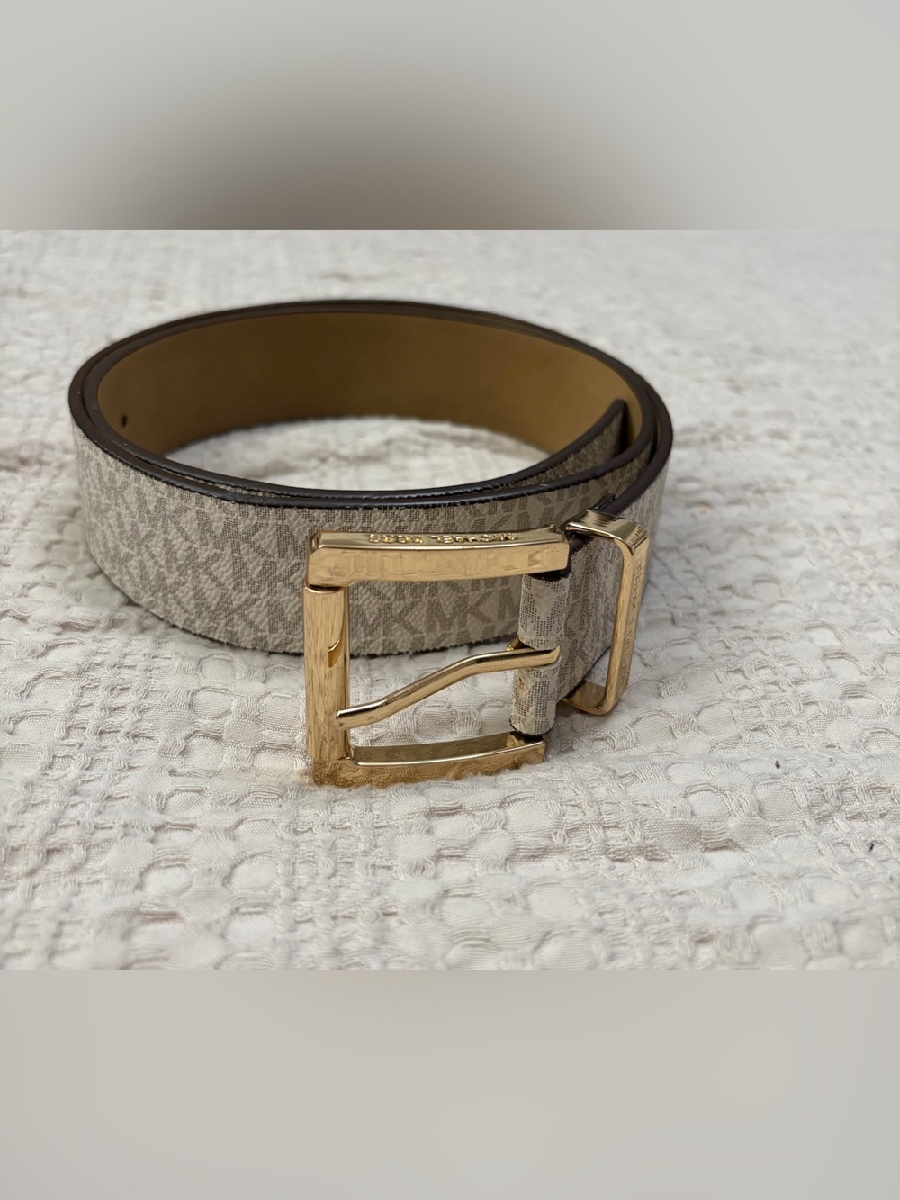 Michael Kors Beige Logo-Print Womens Belt with Gold Buckle